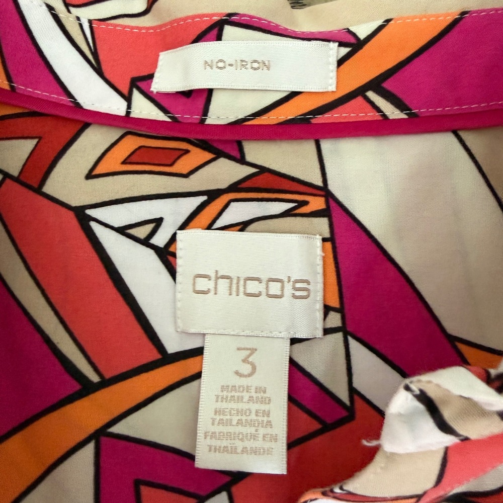 Chicos No-Iron Abstract Geometric Button Down Shirt Pink Orange 3/4 Sleeve 3 XL - Picture 11 of 12